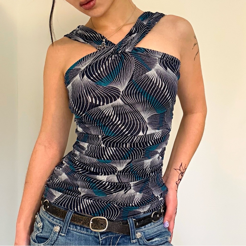 Y2K Silk Blend Halter Top Teal Swirl XS 2000s Going Out